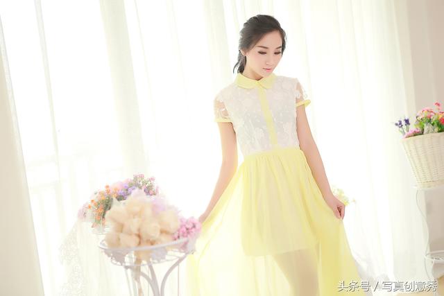 睫毛弯弯眼睛眨啊眨,美女,黄色裙子真好看!